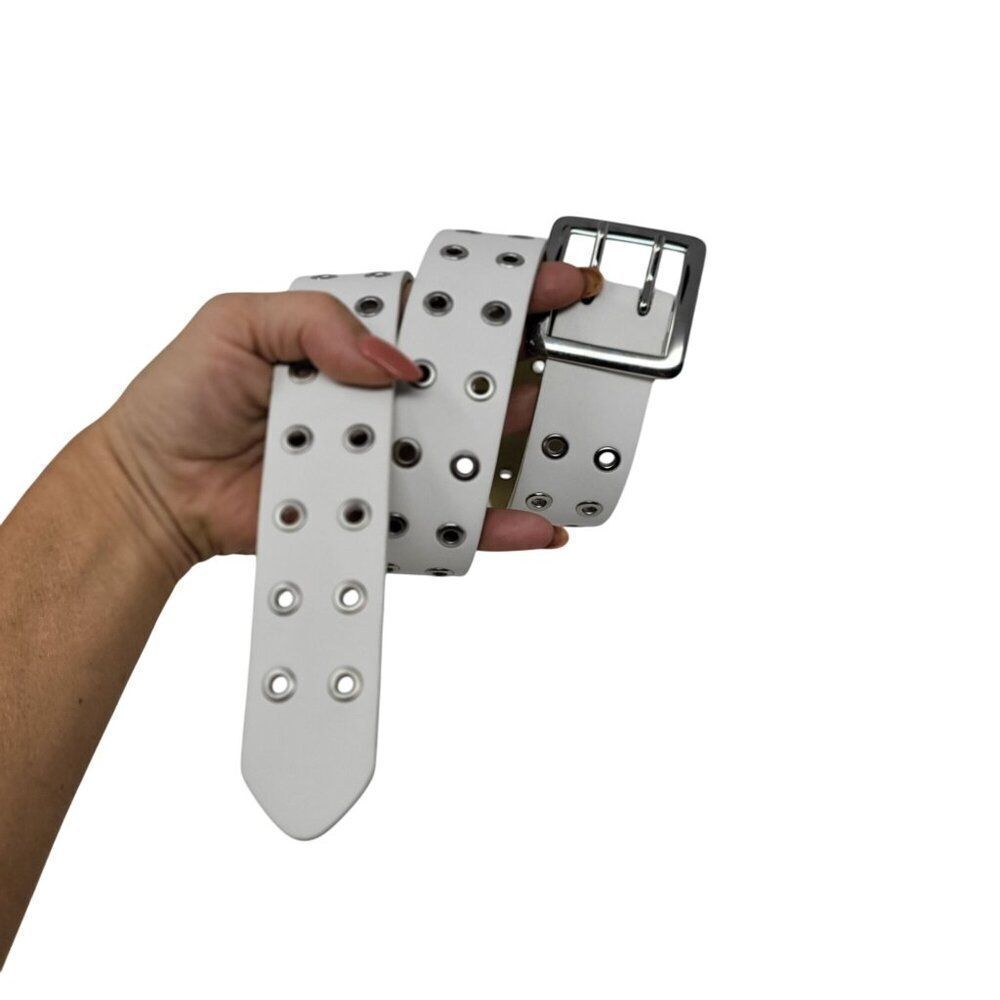Vegan Unisex White Double Prong Silver Buckle Belt Grommets 29" Punk Alternative